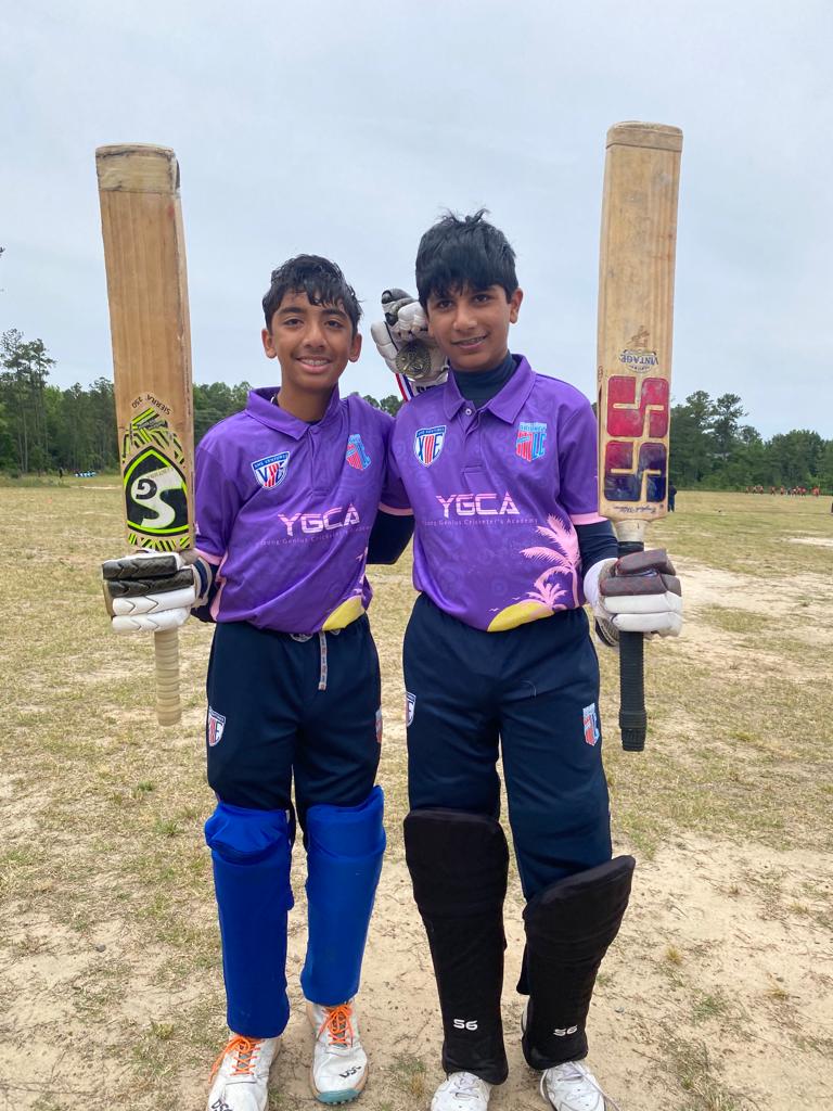 Aadithiya Dev Mitra (left), the first centurion in YGCA, shares a moment with Pranav Narayan after they shared an unbeaten first wicket 200-run partnership at the MLC Jr. Championship, 2023