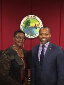 Jamaica’s Consul General Franz Hall (right) congratulating newly elected Mayor of Lauderdale Lakes Hazelle Rogers (left) at the swearing-in ceremony yesterday (Nov. 21) at the City of Lauderdale Lakes.